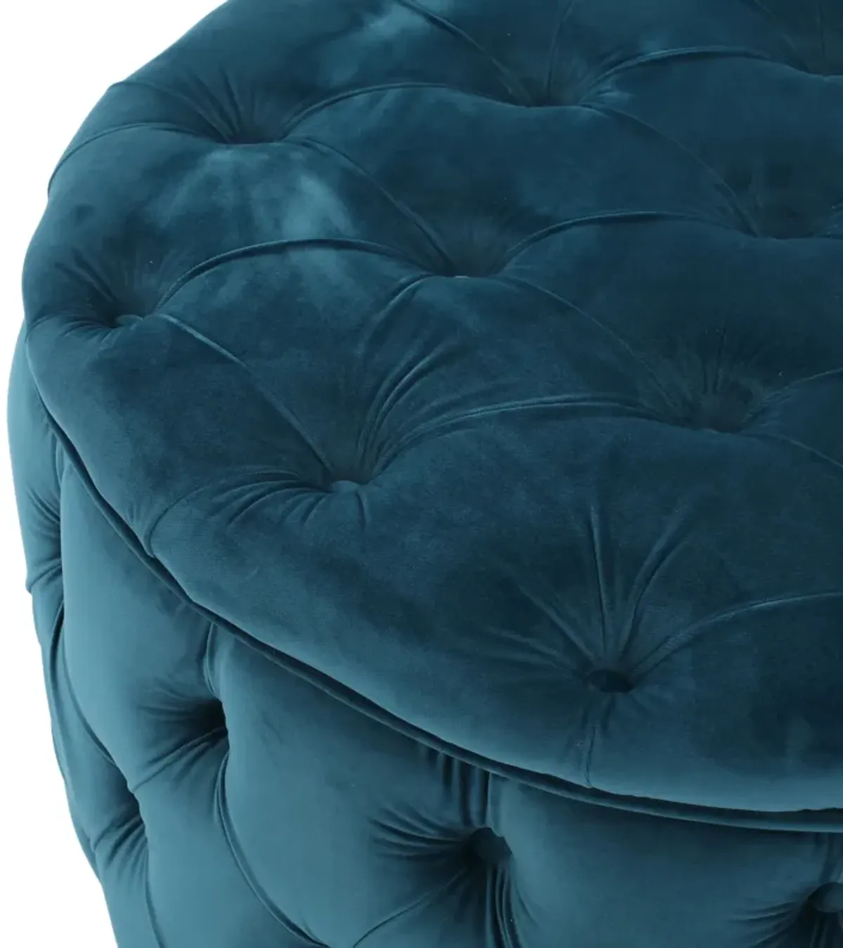 Round Accent Ottoman, 30 Inch, Teal Blue Velvet, Button Tufted Design - Benzara