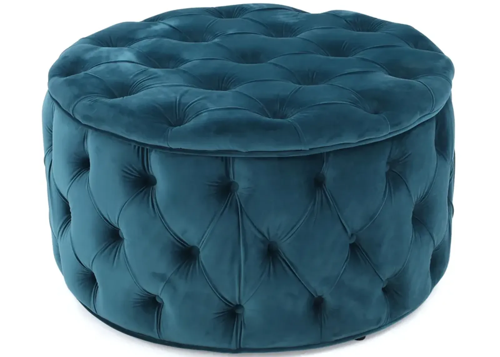 Round Accent Ottoman, 30 Inch, Teal Blue Velvet, Button Tufted Design - Benzara