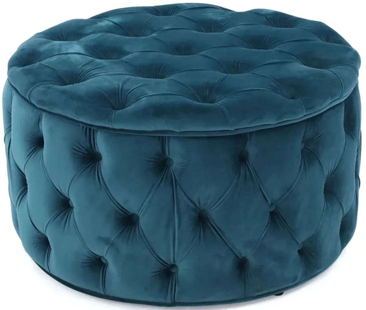 Round Accent Ottoman, 30 Inch, Teal Blue Velvet, Button Tufted Design - Benzara