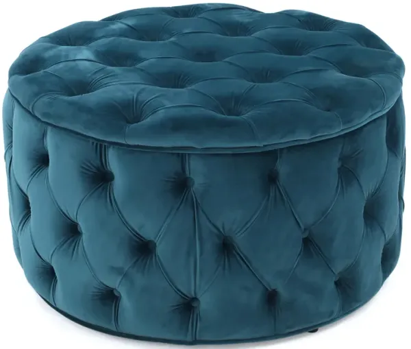 Round Accent Ottoman, 30 Inch, Teal Blue Velvet, Button Tufted Design - Benzara