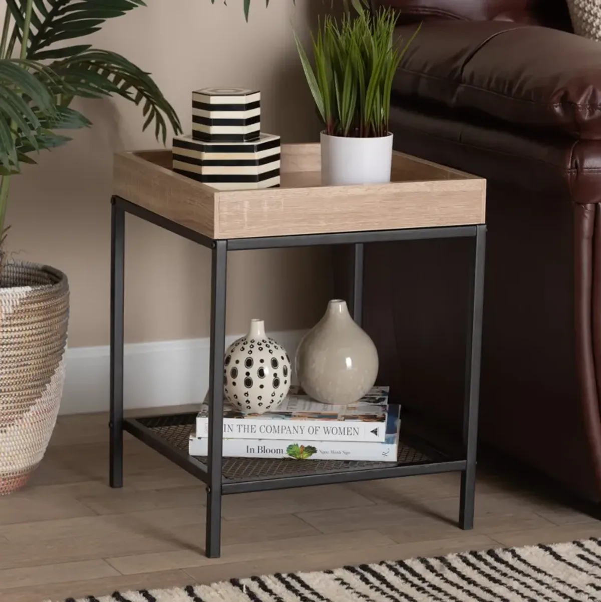 Baxton Studio Overton Modern Industrial Oak Brown Finished Wood And Black Metal End Table