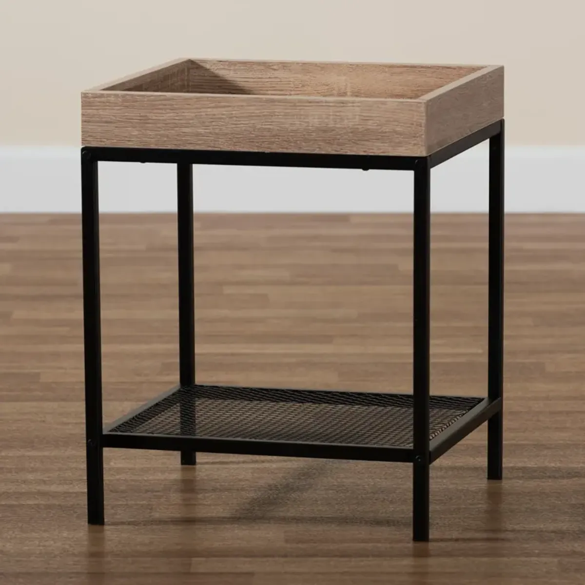 Baxton Studio Overton Modern Industrial Oak Brown Finished Wood And Black Metal End Table