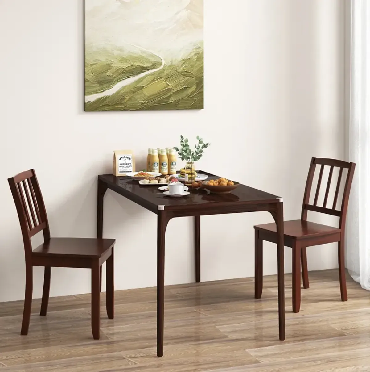 Wood Dining Chair Set of 2 with Rubber Wood Legs