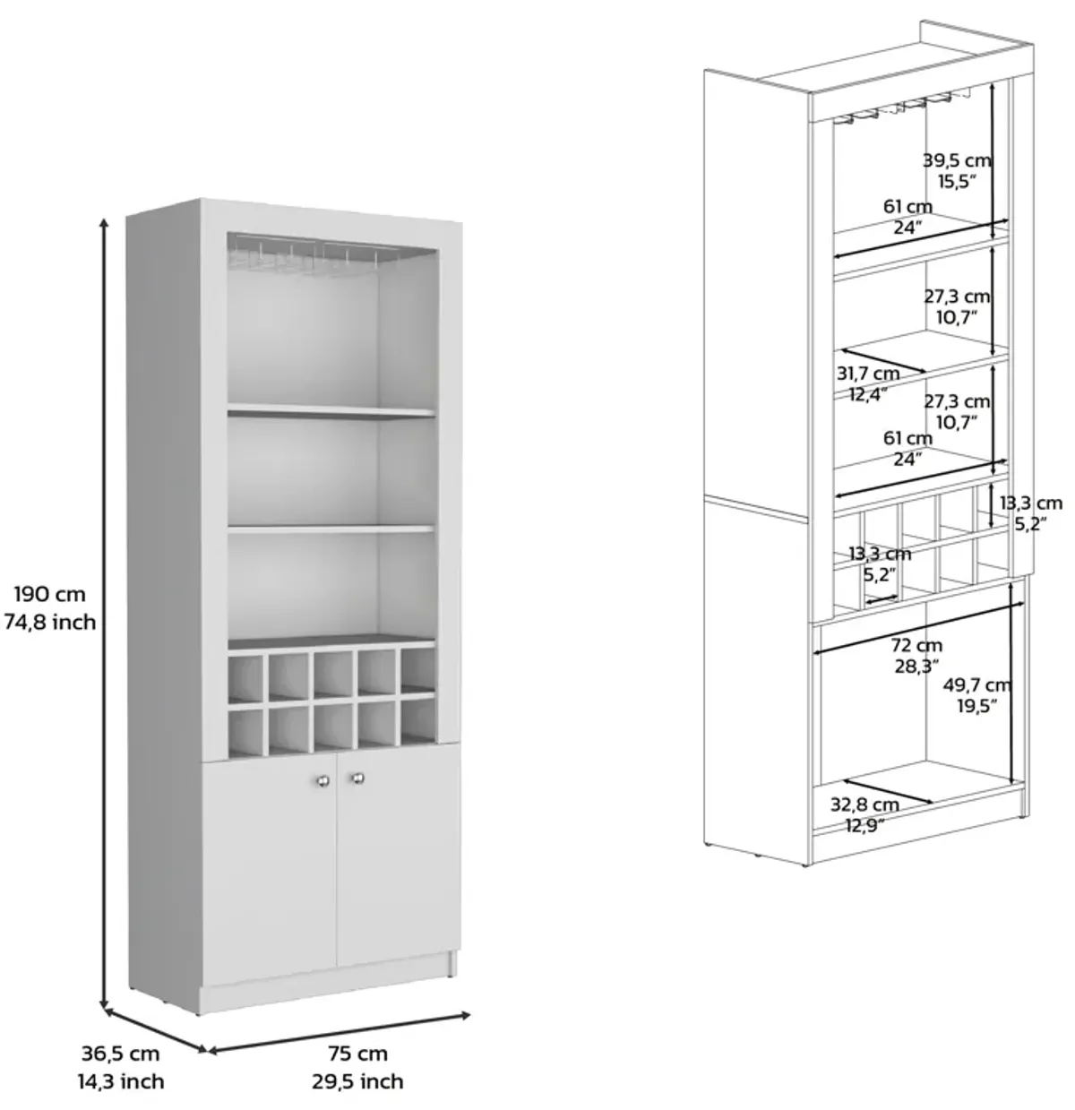 Nero Cabinet 4-Tier, Glass Holder Stemware Rack, Wine Cabinet, Liquor Cabinet, 10 Bottle Cubbies, 4 Shelves, Black , Living Room