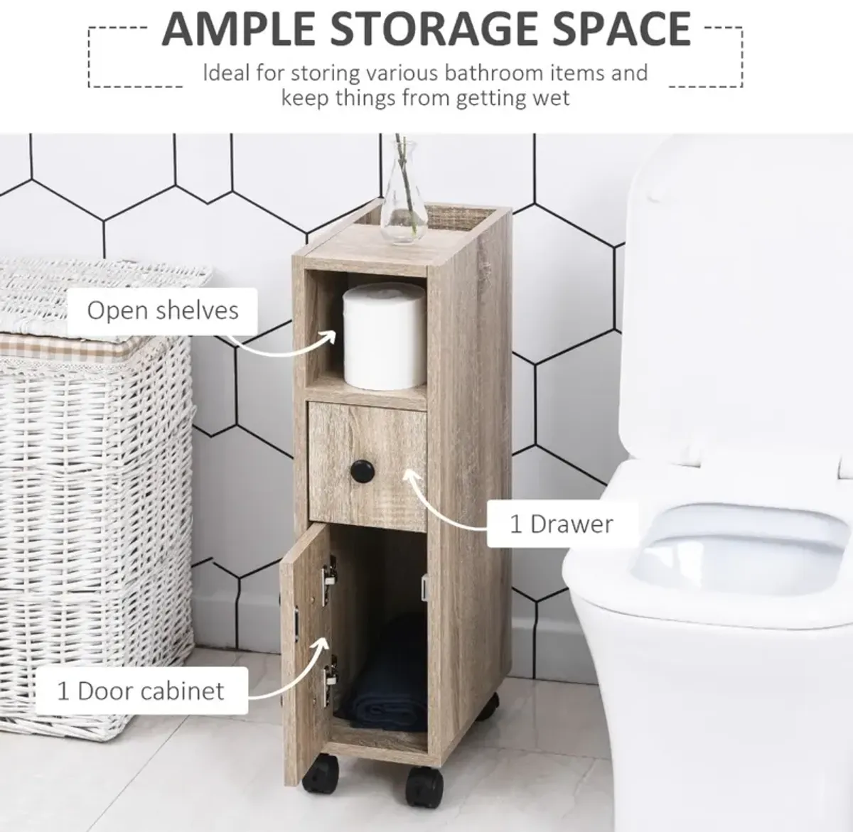 Oak Bathroom Storage: Compact Cabinet with Wheels and Multiple Compartments