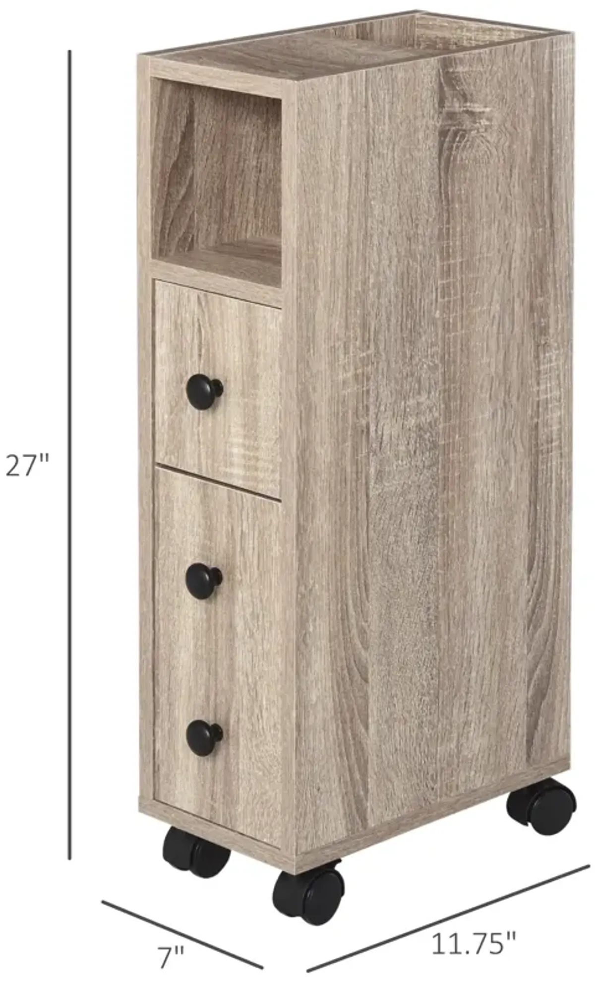 Oak Bathroom Storage: Compact Cabinet with Wheels and Multiple Compartments