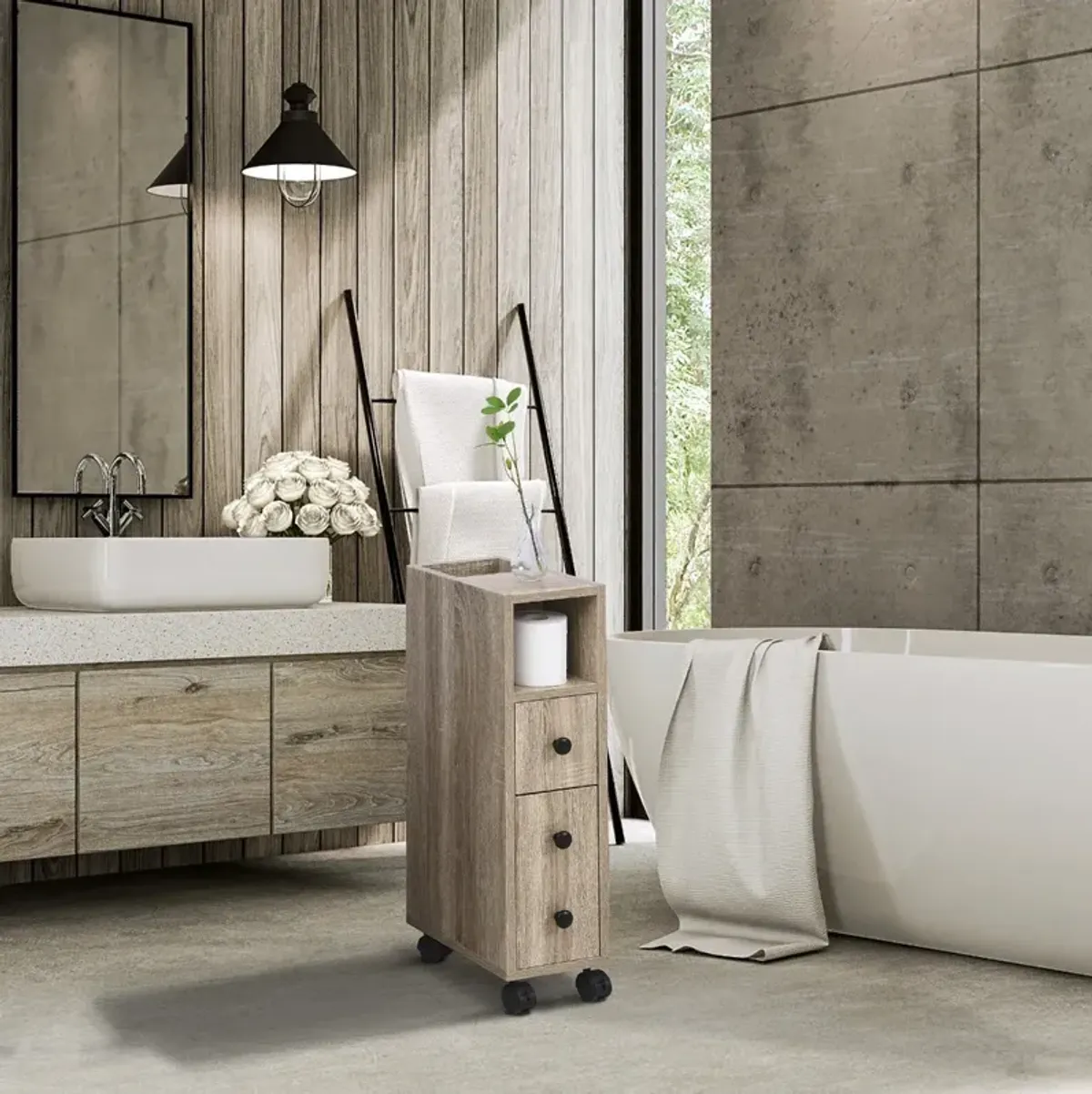 Oak Bathroom Storage: Compact Cabinet with Wheels and Multiple Compartments