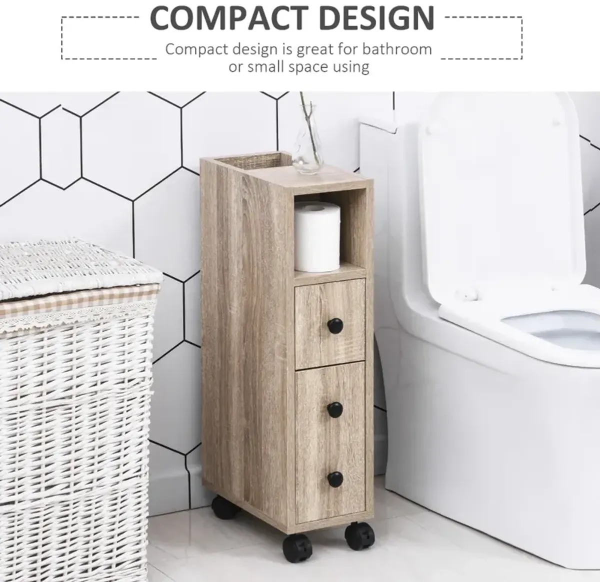 Oak Bathroom Storage: Compact Cabinet with Wheels and Multiple Compartments