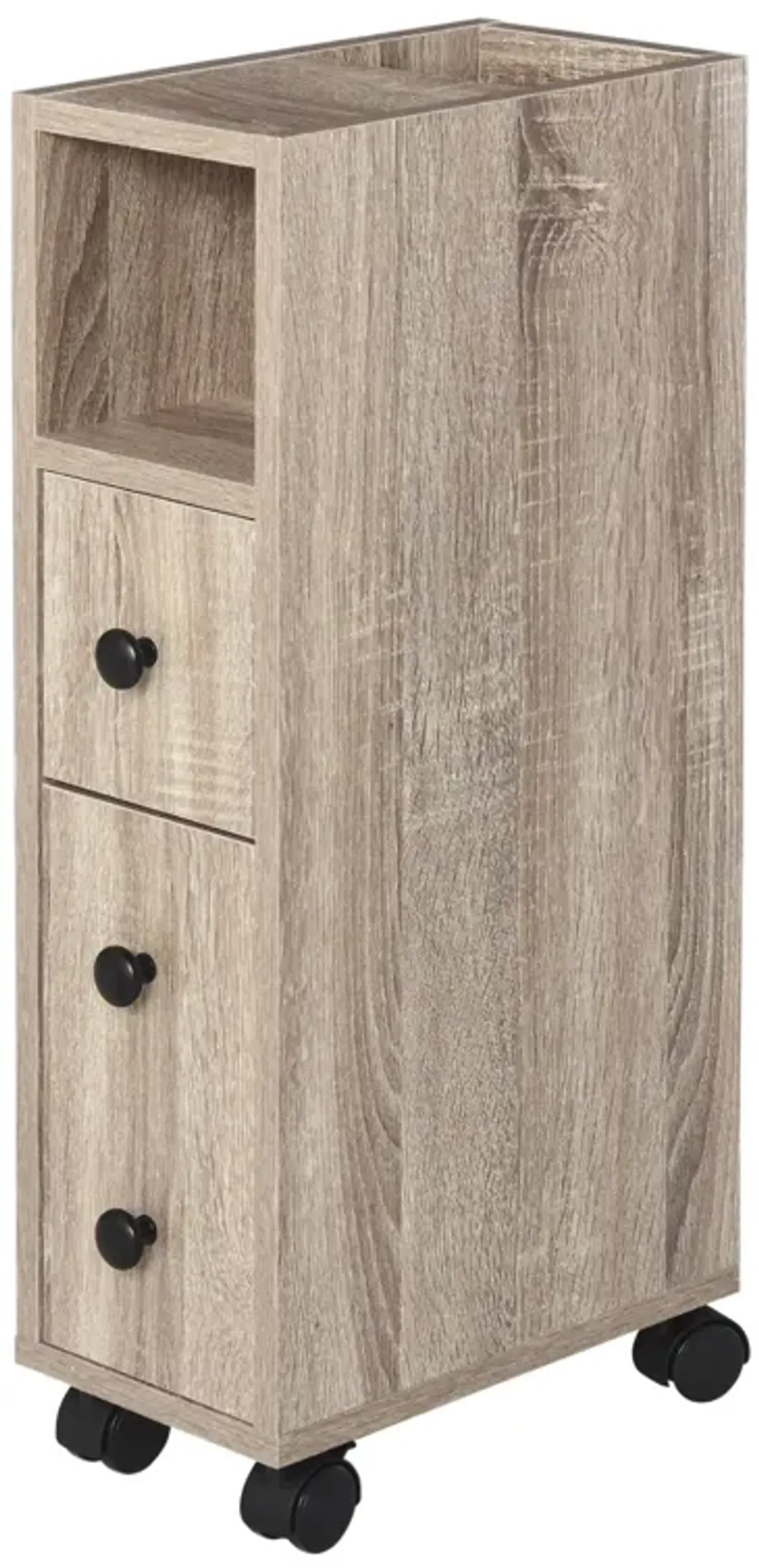 Oak Bathroom Storage: Compact Cabinet with Wheels and Multiple Compartments