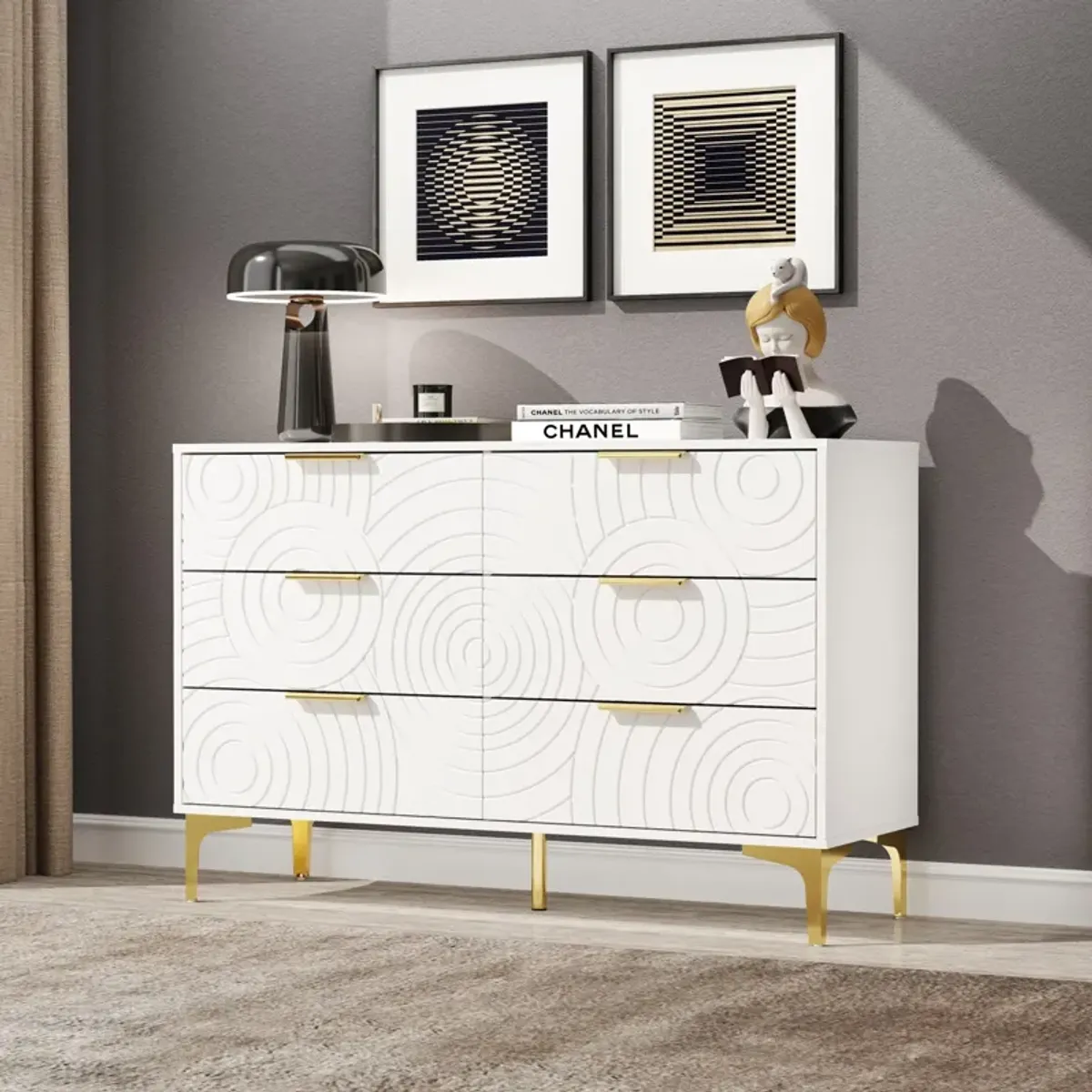 Modern Cabinet with Storage Buffet Sideboard, 47.2 in. x 30.7 in. Large Kitchen Buffet Cabinet with 6 Drawers, Freestanding Entryway Storage for Living Room (White)