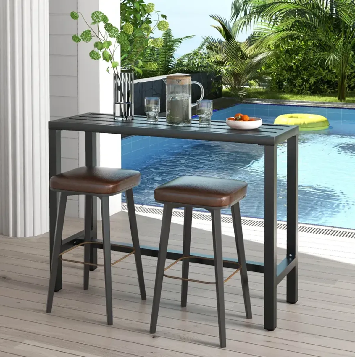 48 Inch Outdoor Bar Table with Waterproof Top and Heavy-duty Metal Frame