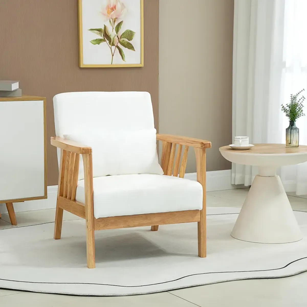 Beige Interior Comfort: Upholstered Armchair with Pillow & Wooden Legs