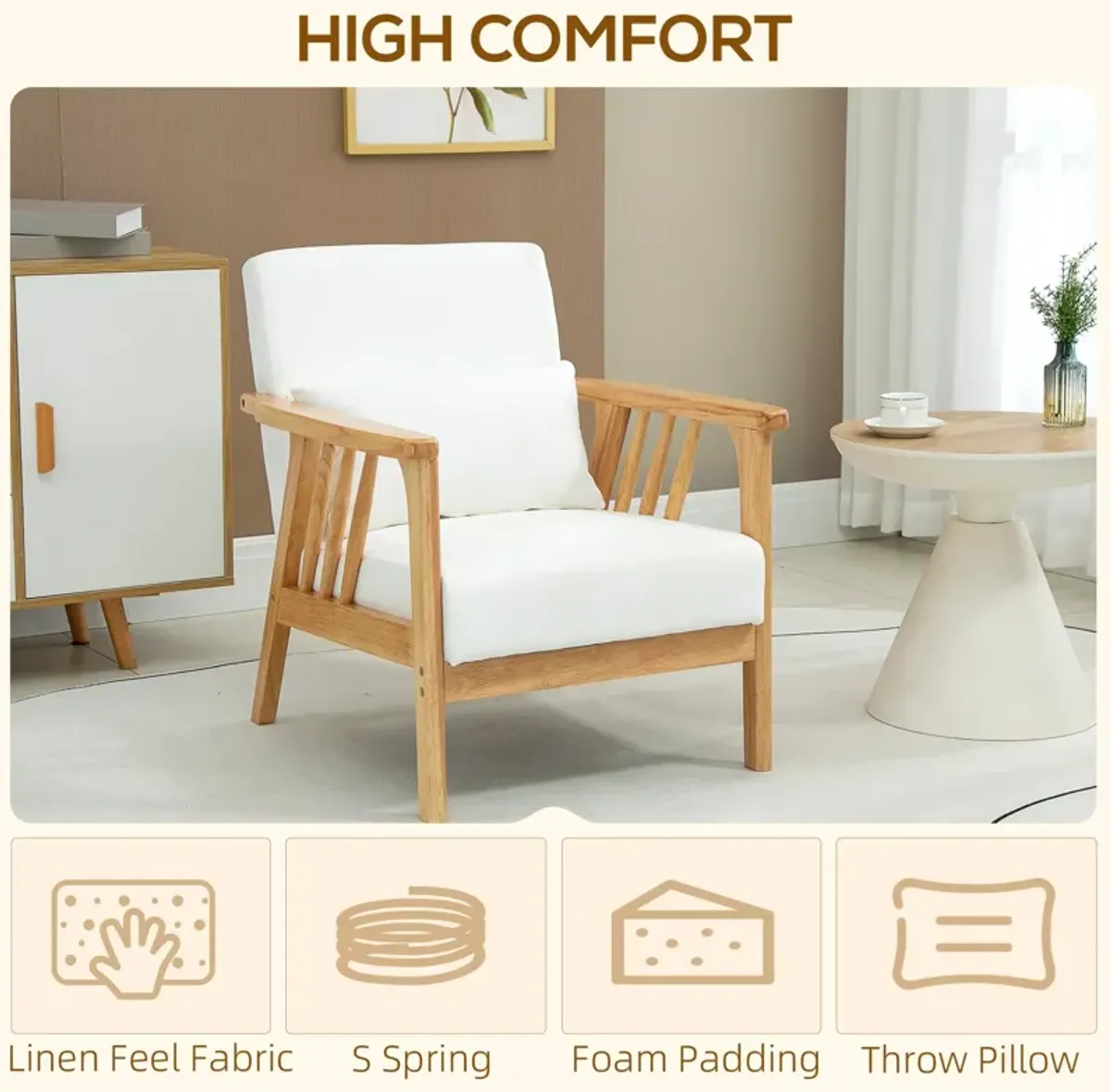 Beige Interior Comfort: Upholstered Armchair with Pillow & Wooden Legs