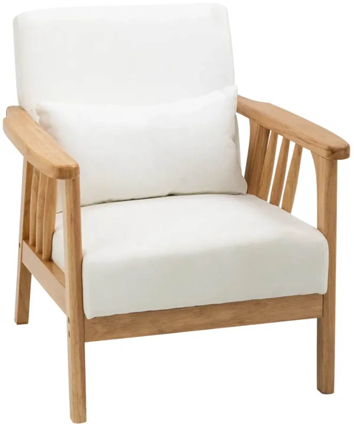 Beige Interior Comfort: Upholstered Armchair with Pillow & Wooden Legs