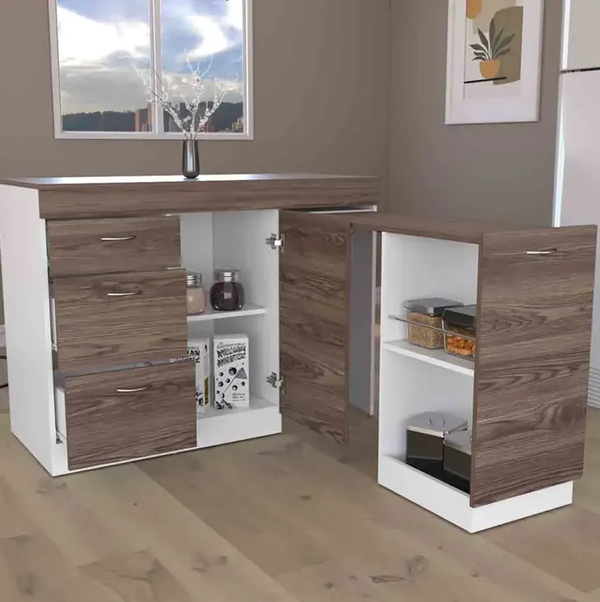 Kitchen Island Metask, Kitchen, White / Dark Walnut