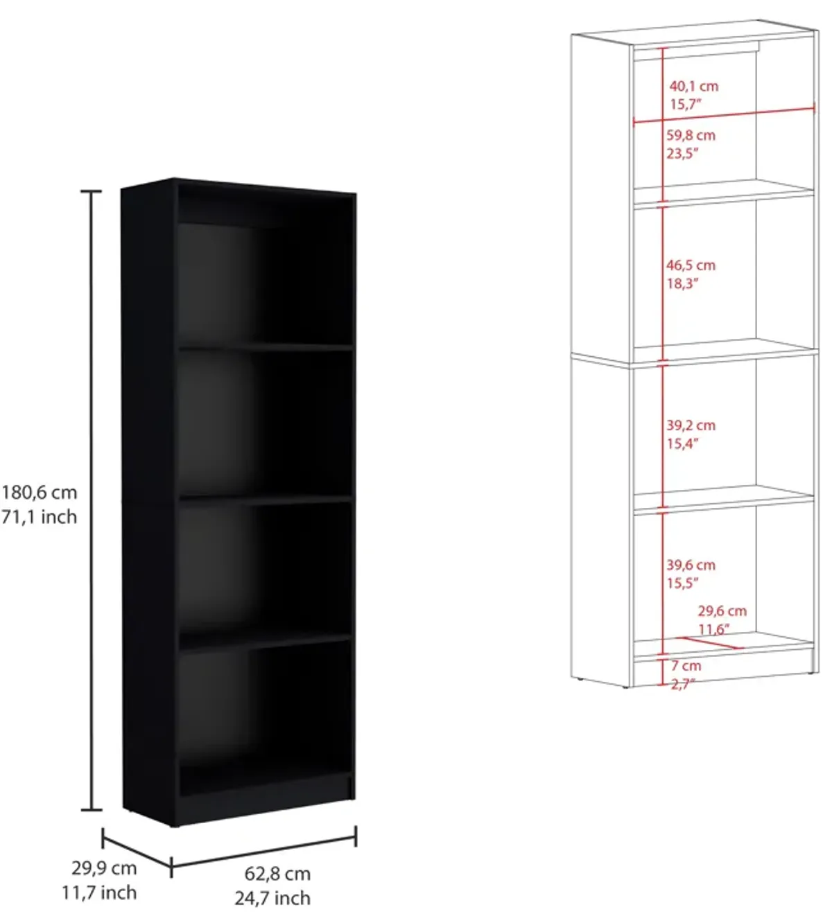 Home Bookcase with 4-Shelf Modern Display Unit for Books and Decor -Black