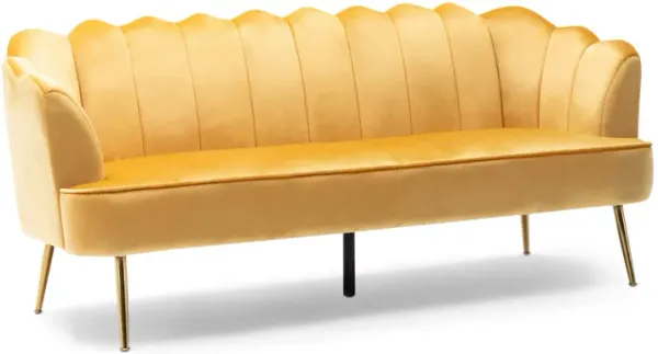 Nika Sofa, Modern Channel Stitched, 76 Inch, Solid Wood, Yellow Velvet - Benzara