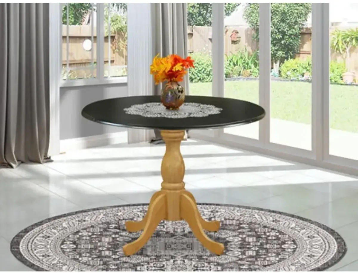 East West Furniture Dinning Table with Drop Leaves - Black Table Top and Oak Pedestal Leg Finish