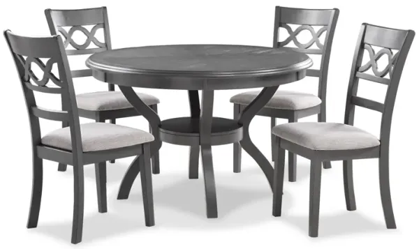 Ceri 5 Piece Round Dining Table and Chair Set, Gray Wood, White Fabric - Benzara
