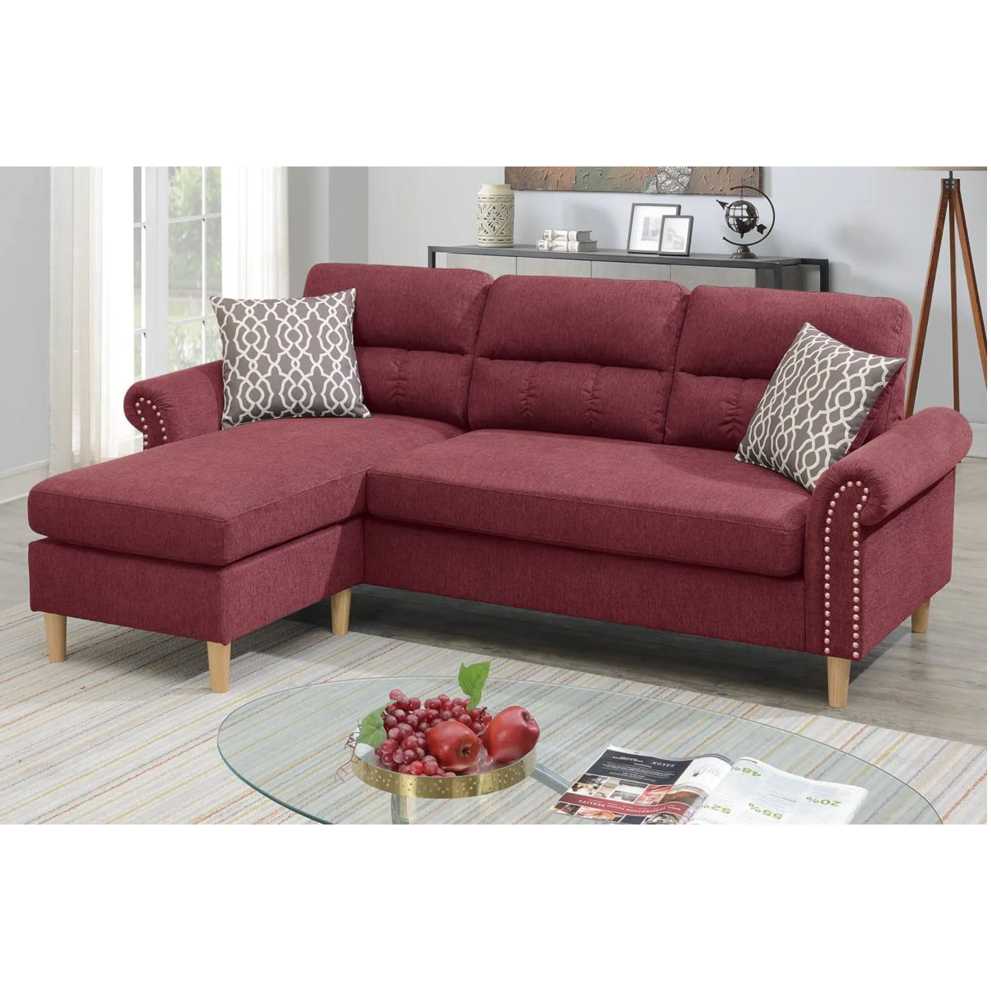 Polyfiber Reversible Sectional Sofa Set with Chaise Pillows Plush Cushion Couch Nailheads