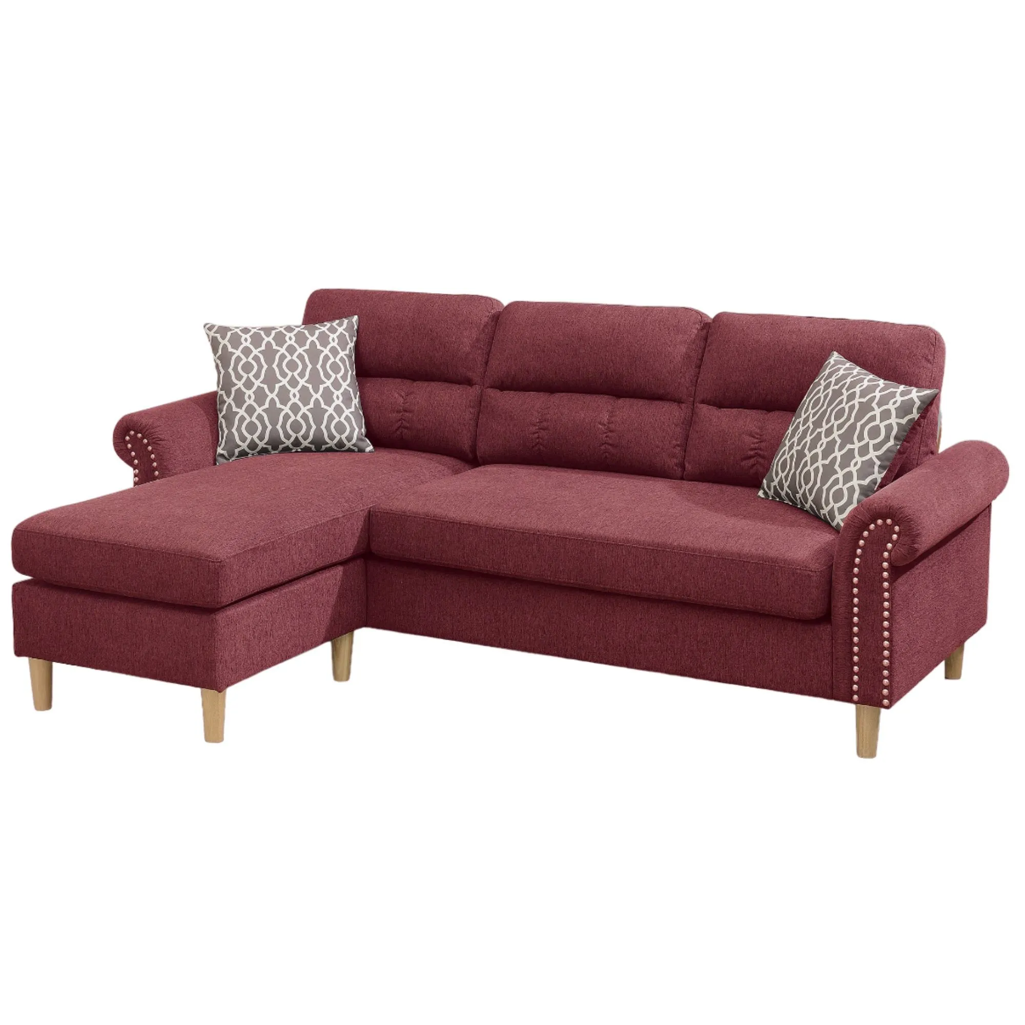 Polyfiber Reversible Sectional Sofa Set with Chaise Pillows Plush Cushion Couch Nailheads
