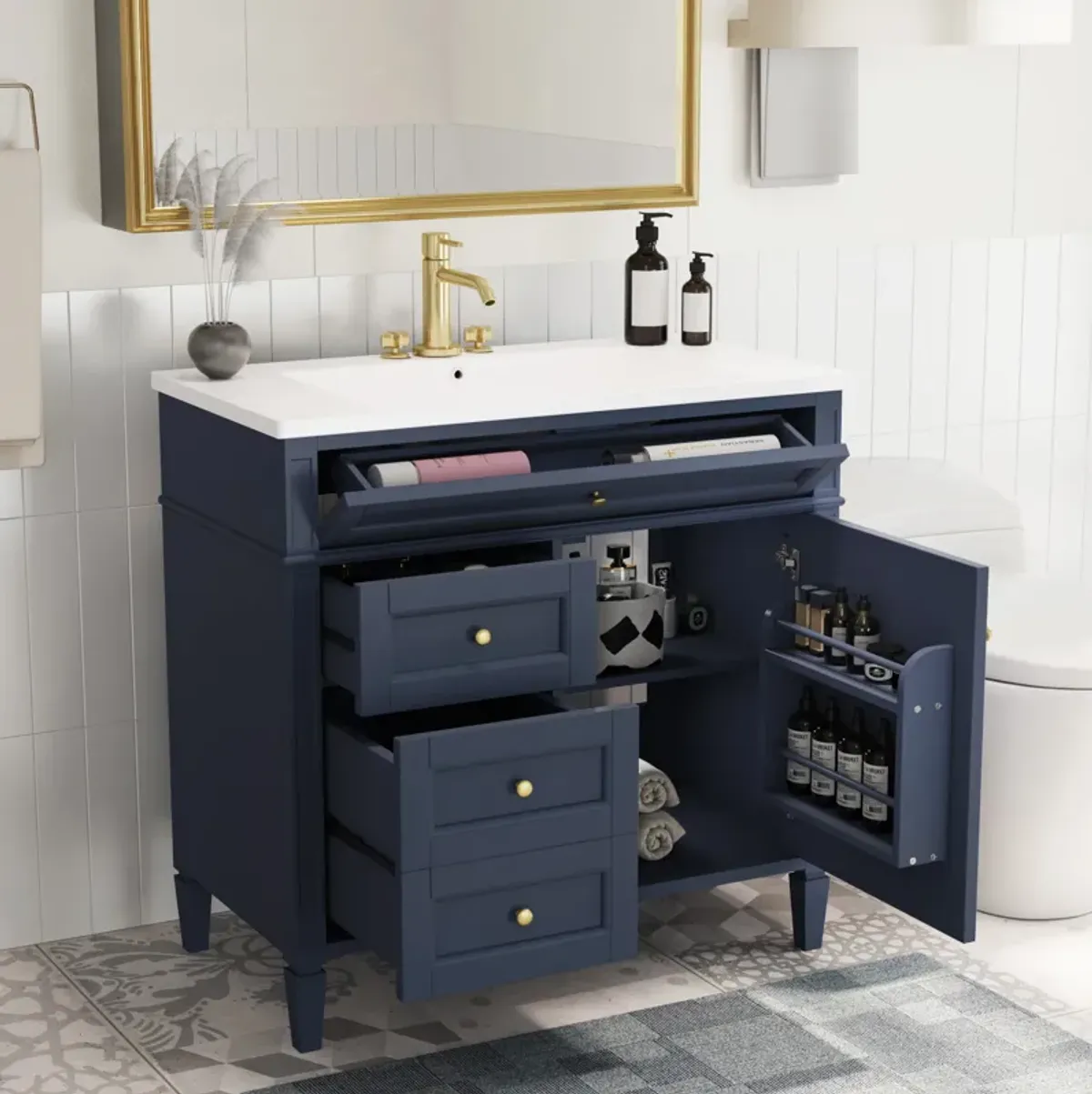 Modern Bathroom Vanity with Adjustable Shelf, Tip-Out Drawer, and Cabinet Organizer