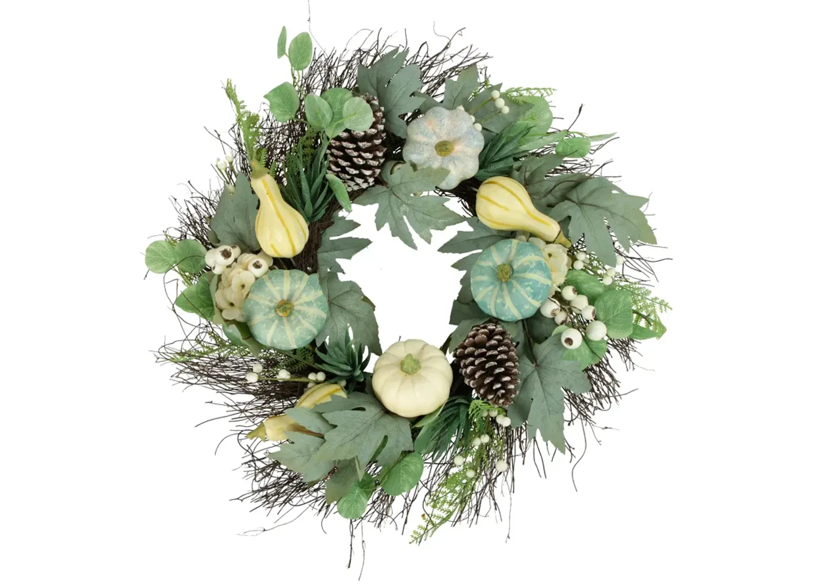 Green and White Pumpkins with Berries Artificial Fall Harvest Wreath  22-Inch  Unlit