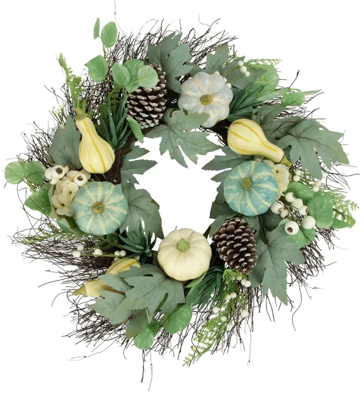 Green and White Pumpkins with Berries Artificial Fall Harvest Wreath  22-Inch  Unlit