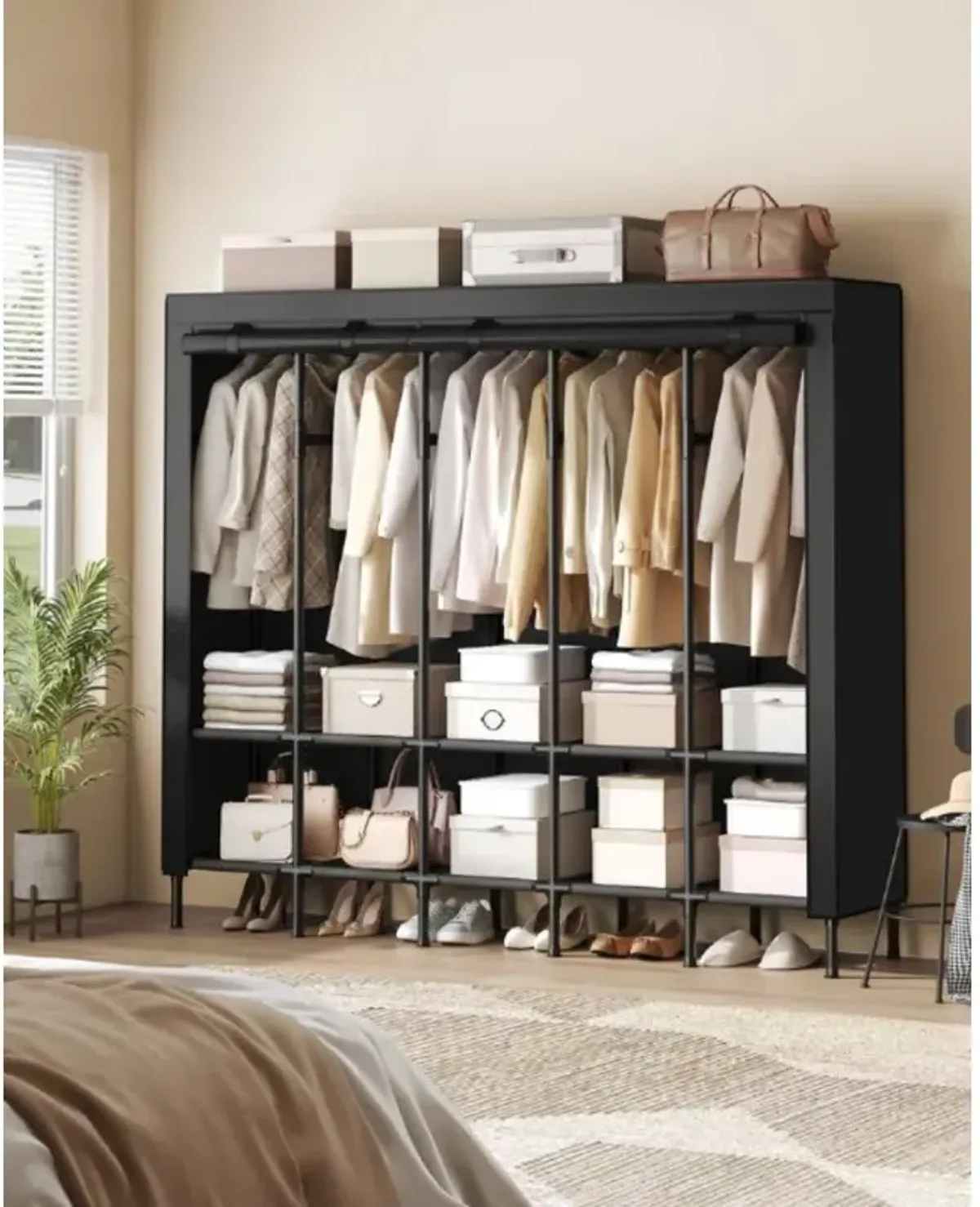 Spacious Wardrobe Closet with Hanging Rails for Organized Clothing Storage