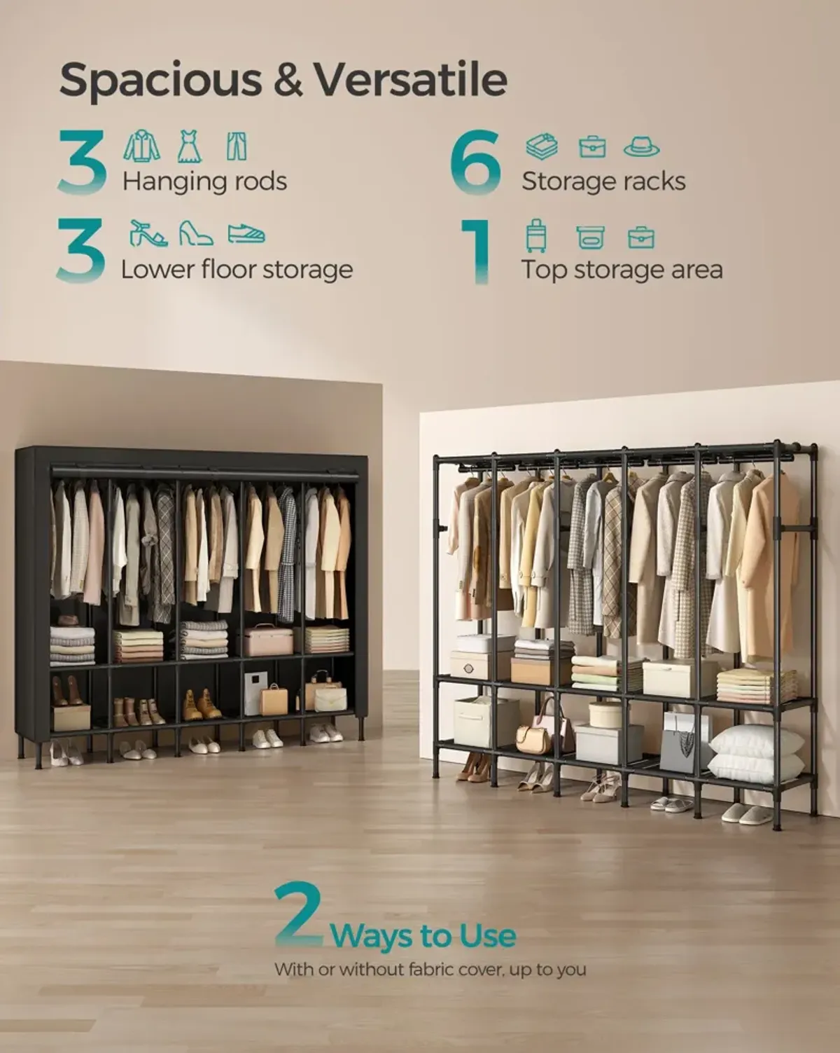 Spacious Wardrobe Closet with Hanging Rails for Organized Clothing Storage