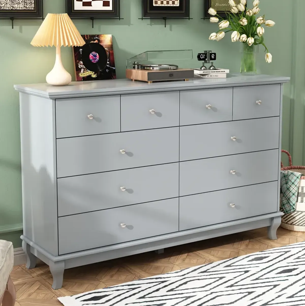 FUFU&GAGA Elegant Dresser with 10 Spacious Drawers and Curved Legs, (55.1" W x 15.7" D x 35.4" H),Grey