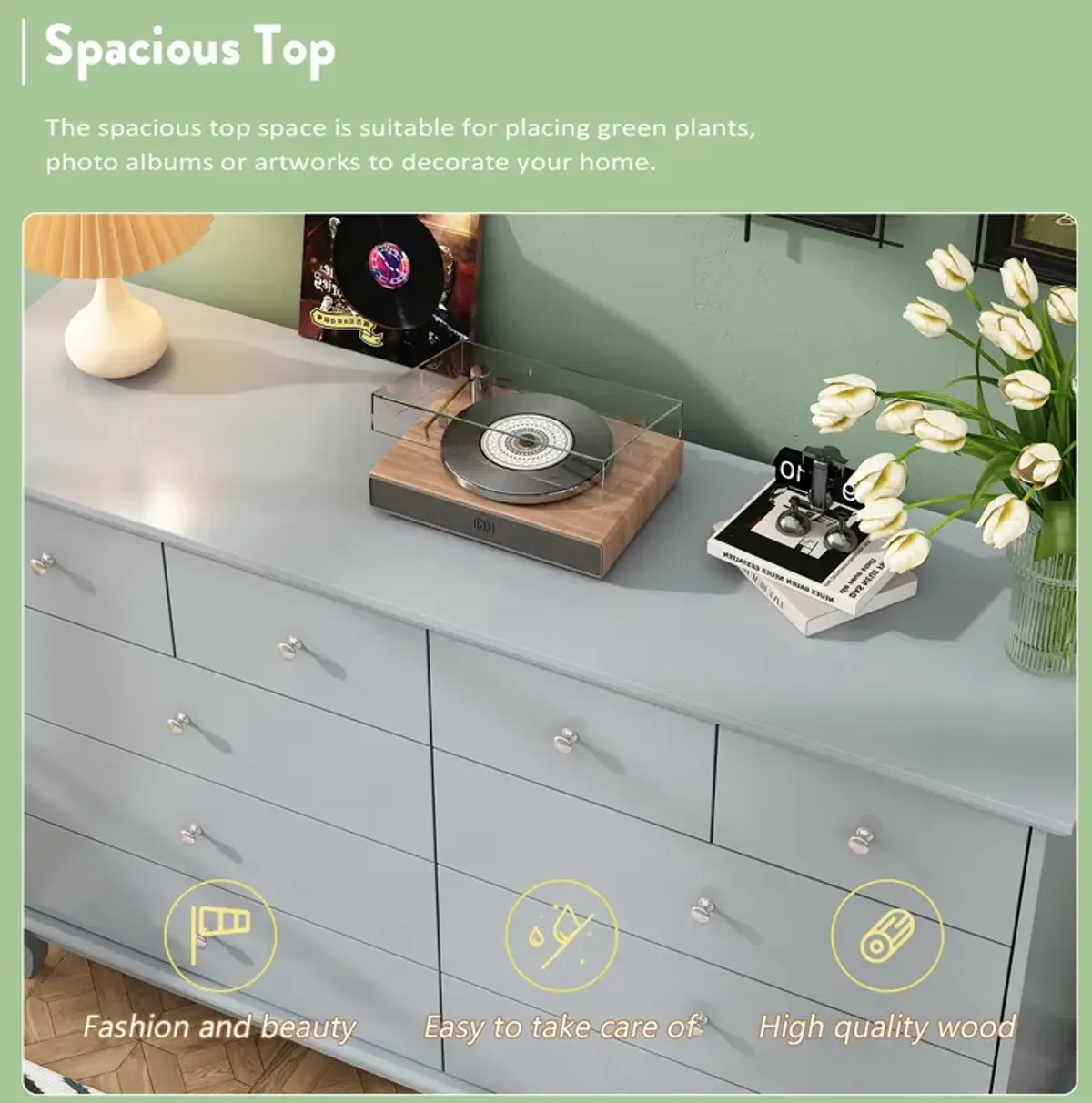 FUFU&GAGA Elegant Dresser with 10 Spacious Drawers and Curved Legs, (55.1" W x 15.7" D x 35.4" H),Grey