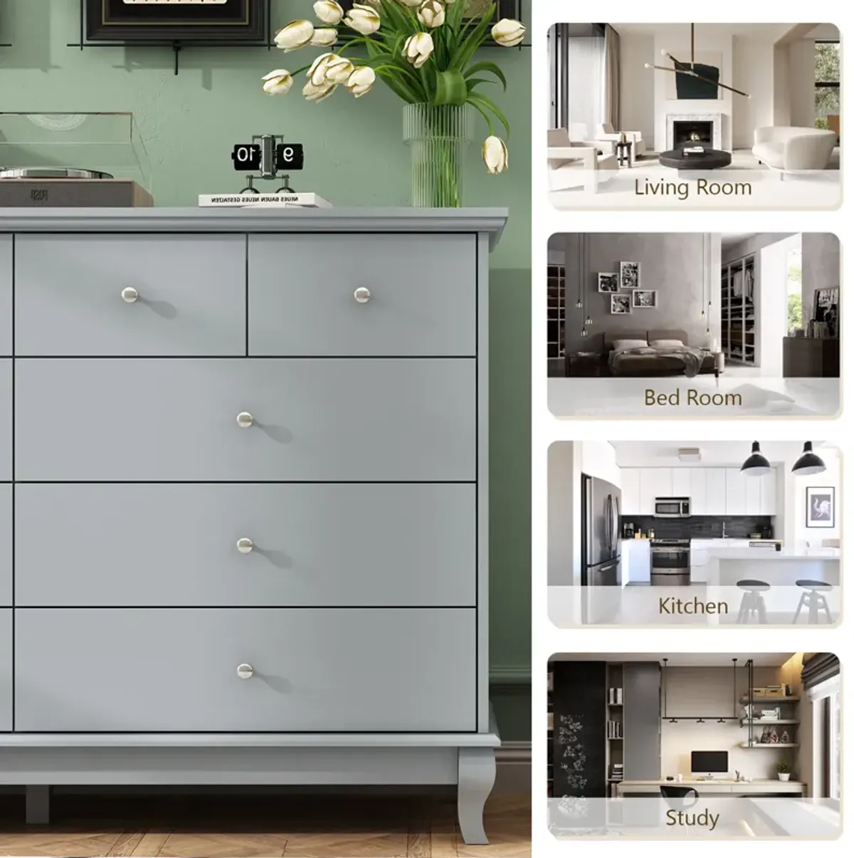 FUFU&GAGA Elegant Dresser with 10 Spacious Drawers and Curved Legs, (55.1" W x 15.7" D x 35.4" H),Grey