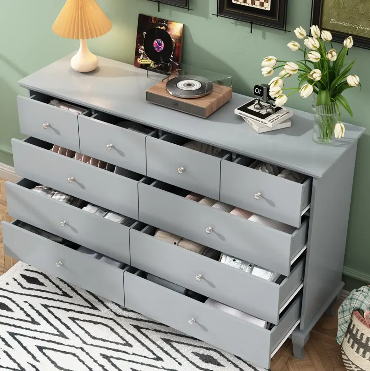 FUFU&GAGA Elegant Dresser with 10 Spacious Drawers and Curved Legs, (55.1" W x 15.7" D x 35.4" H),Grey