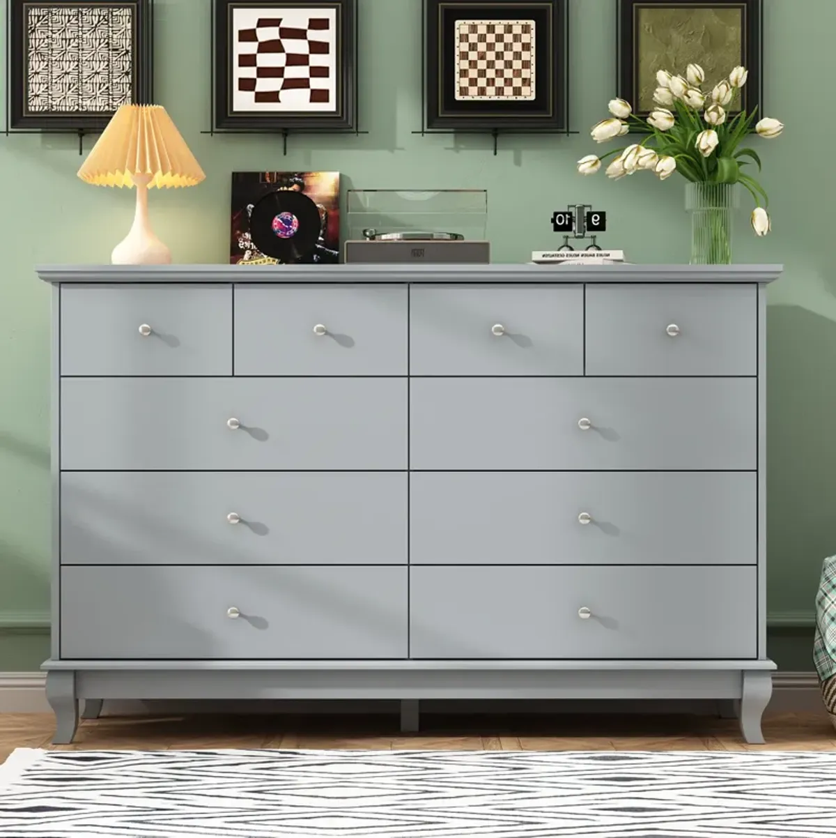 FUFU&GAGA Elegant Dresser with 10 Spacious Drawers and Curved Legs, (55.1" W x 15.7" D x 35.4" H),Grey