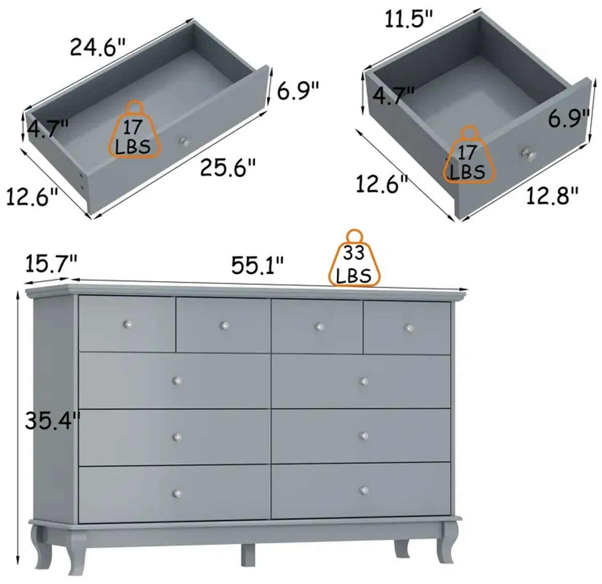 FUFU&GAGA Elegant Dresser with 10 Spacious Drawers and Curved Legs, (55.1" W x 15.7" D x 35.4" H),Grey