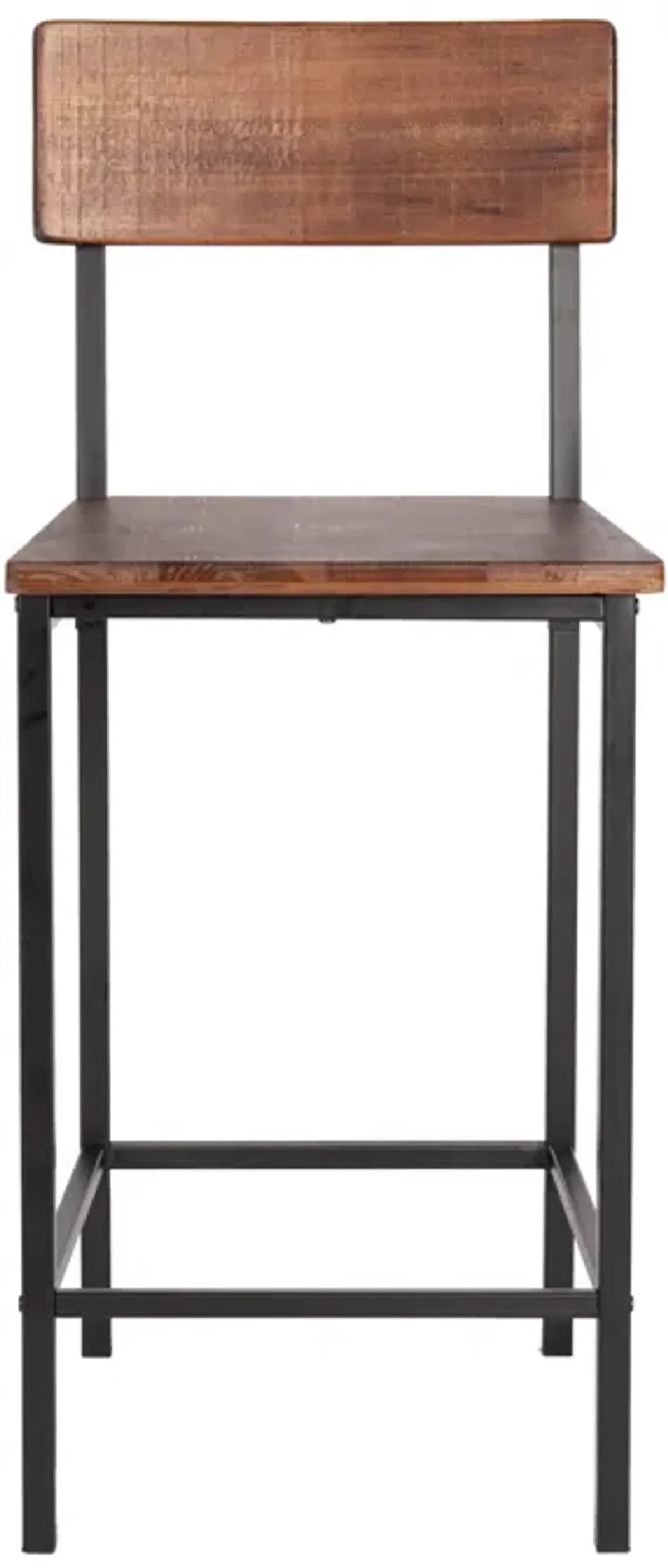 25 Inch Counter Stool Chairs, Set of 2, Brown Wood Seat & Back, Black Metal Legs - Benzara