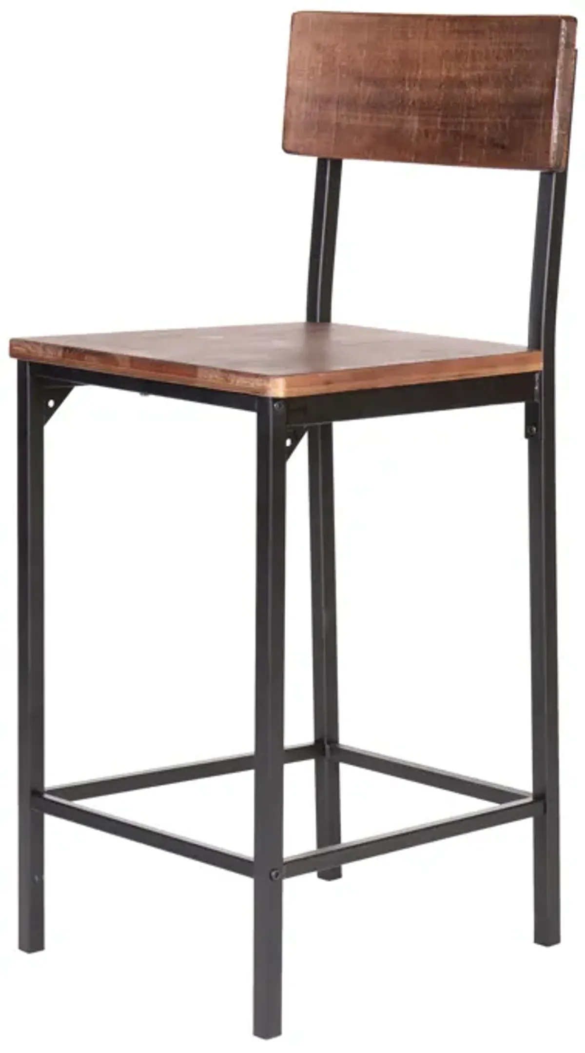 25 Inch Counter Stool Chairs, Set of 2, Brown Wood Seat & Back, Black Metal Legs - Benzara