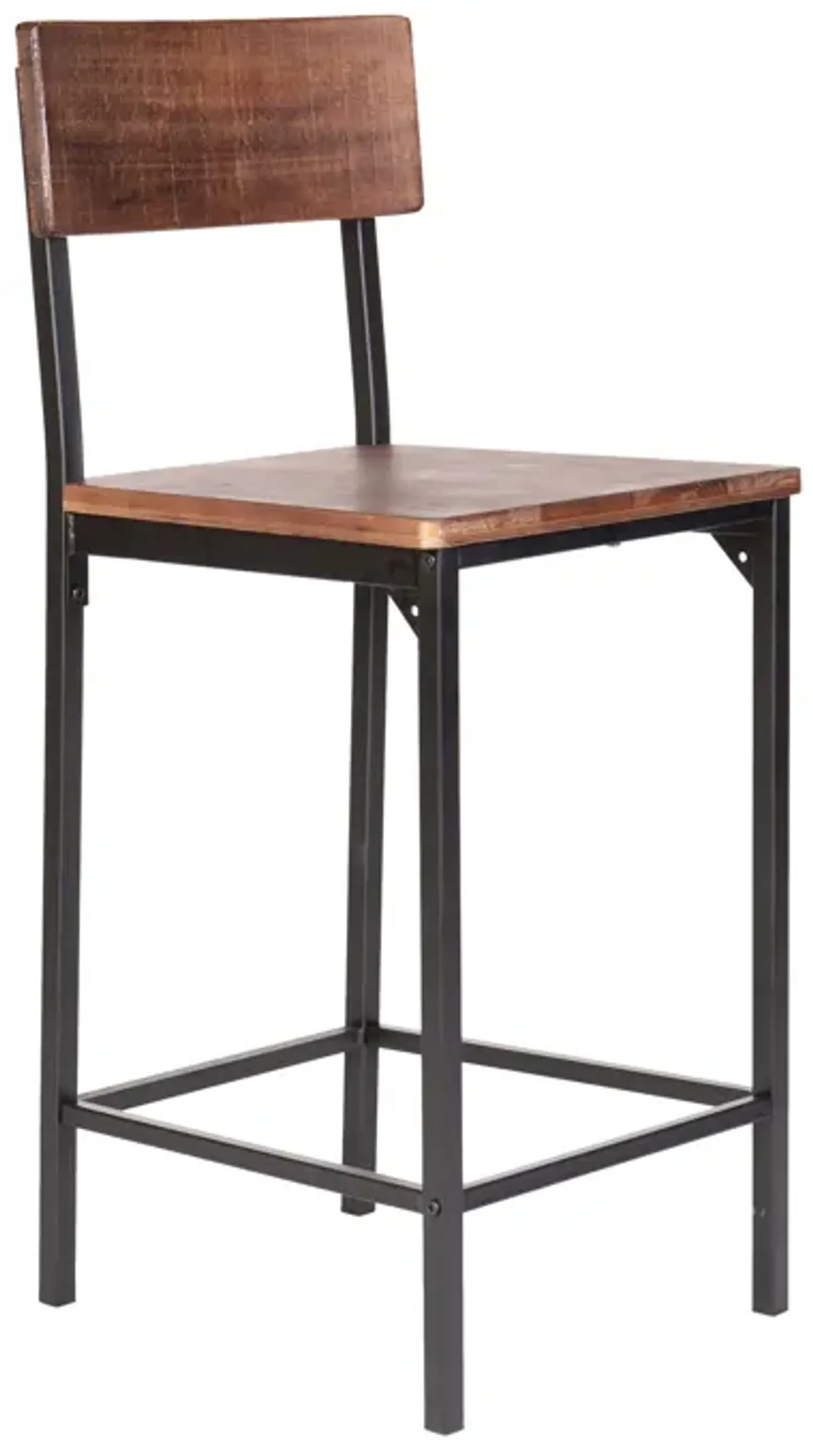 25 Inch Counter Stool Chairs, Set of 2, Brown Wood Seat & Back, Black Metal Legs - Benzara