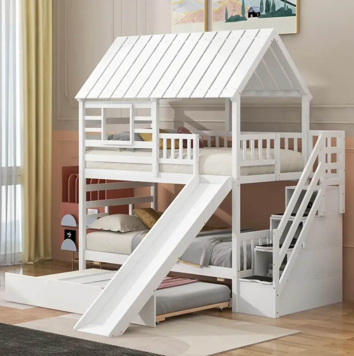 Twin Over Twin House Bunk Bed With Trundle And Slide, Storage Staircase, Roof And Window Design