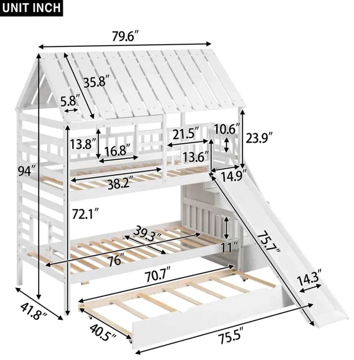 Twin Over Twin House Bunk Bed With Trundle And Slide, Storage Staircase, Roof And Window Design