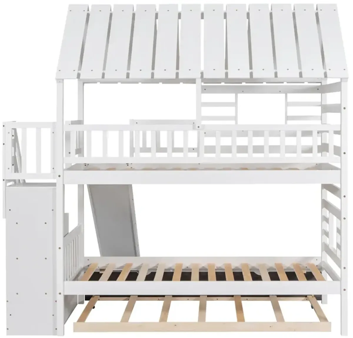 Twin Over Twin House Bunk Bed With Trundle And Slide, Storage Staircase, Roof And Window Design