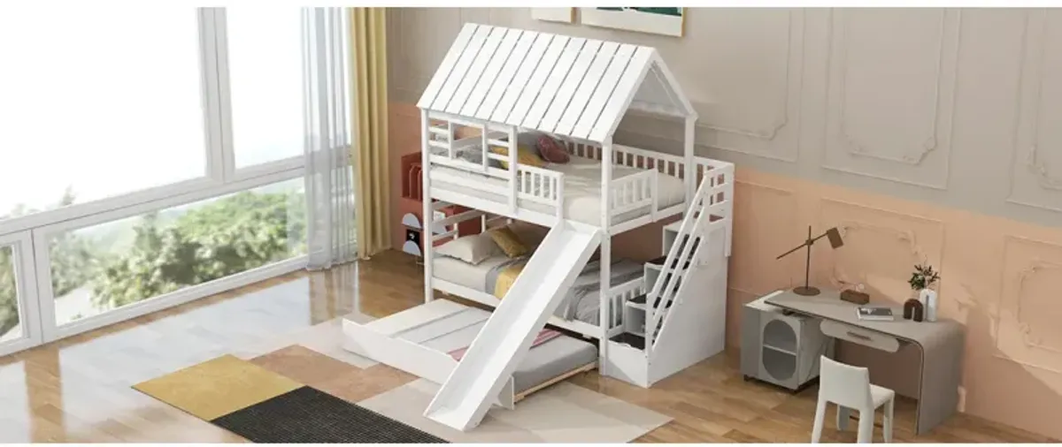 Twin Over Twin House Bunk Bed With Trundle And Slide, Storage Staircase, Roof And Window Design