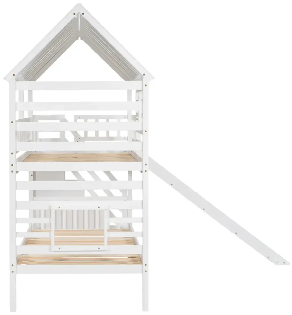 Twin Over Twin House Bunk Bed With Trundle And Slide, Storage Staircase, Roof And Window Design