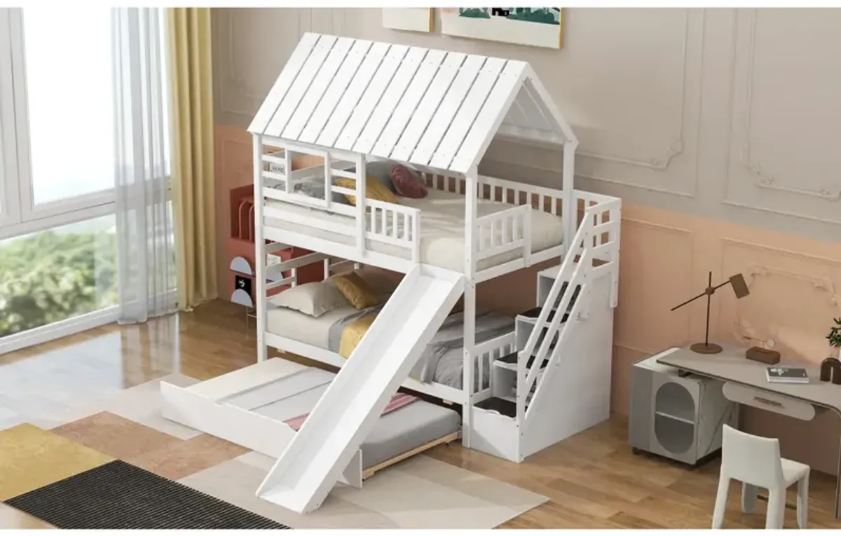 Twin Over Twin House Bunk Bed With Trundle And Slide, Storage Staircase, Roof And Window Design