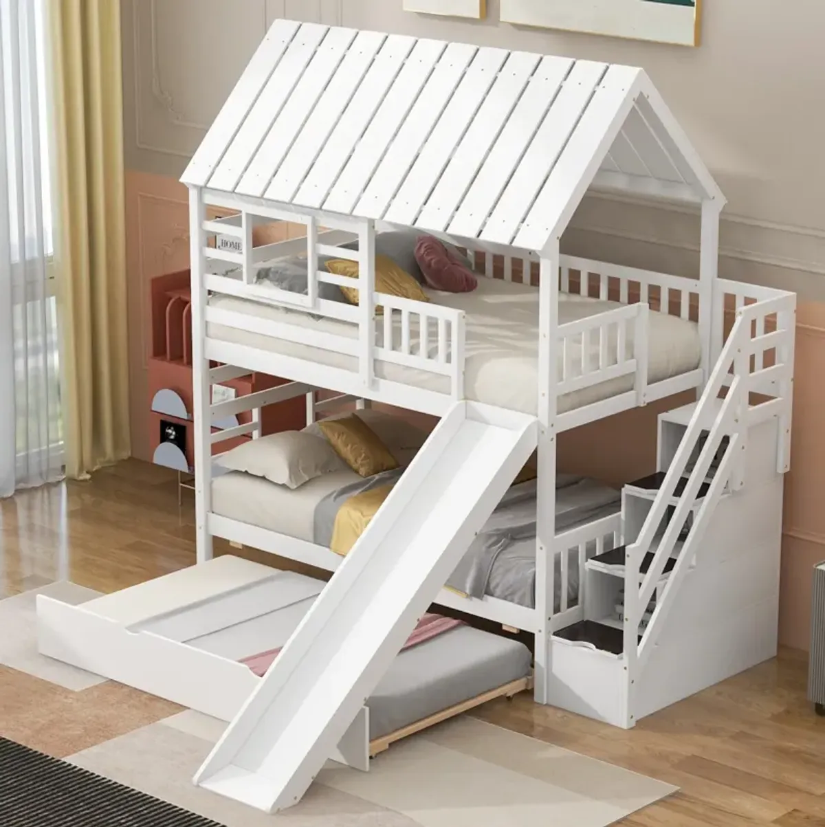 Twin Over Twin House Bunk Bed With Trundle And Slide, Storage Staircase, Roof And Window Design