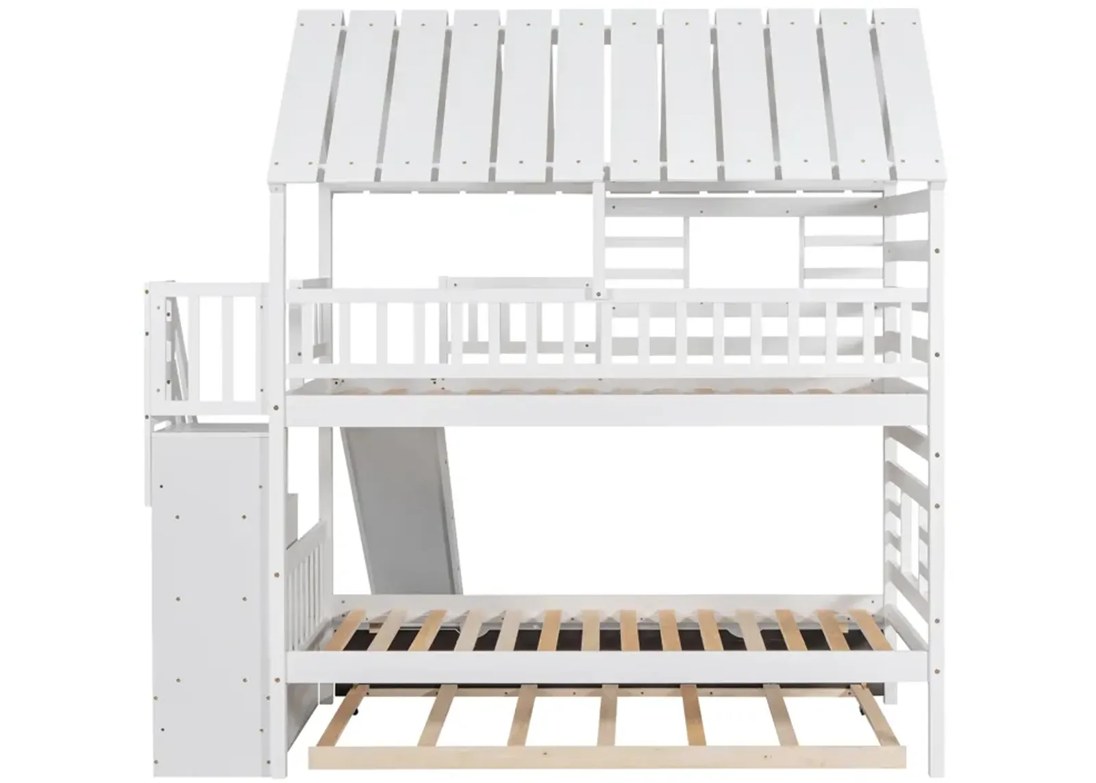 Twin Over Twin House Bunk Bed With Trundle And Slide, Storage Staircase, Roof And Window Design