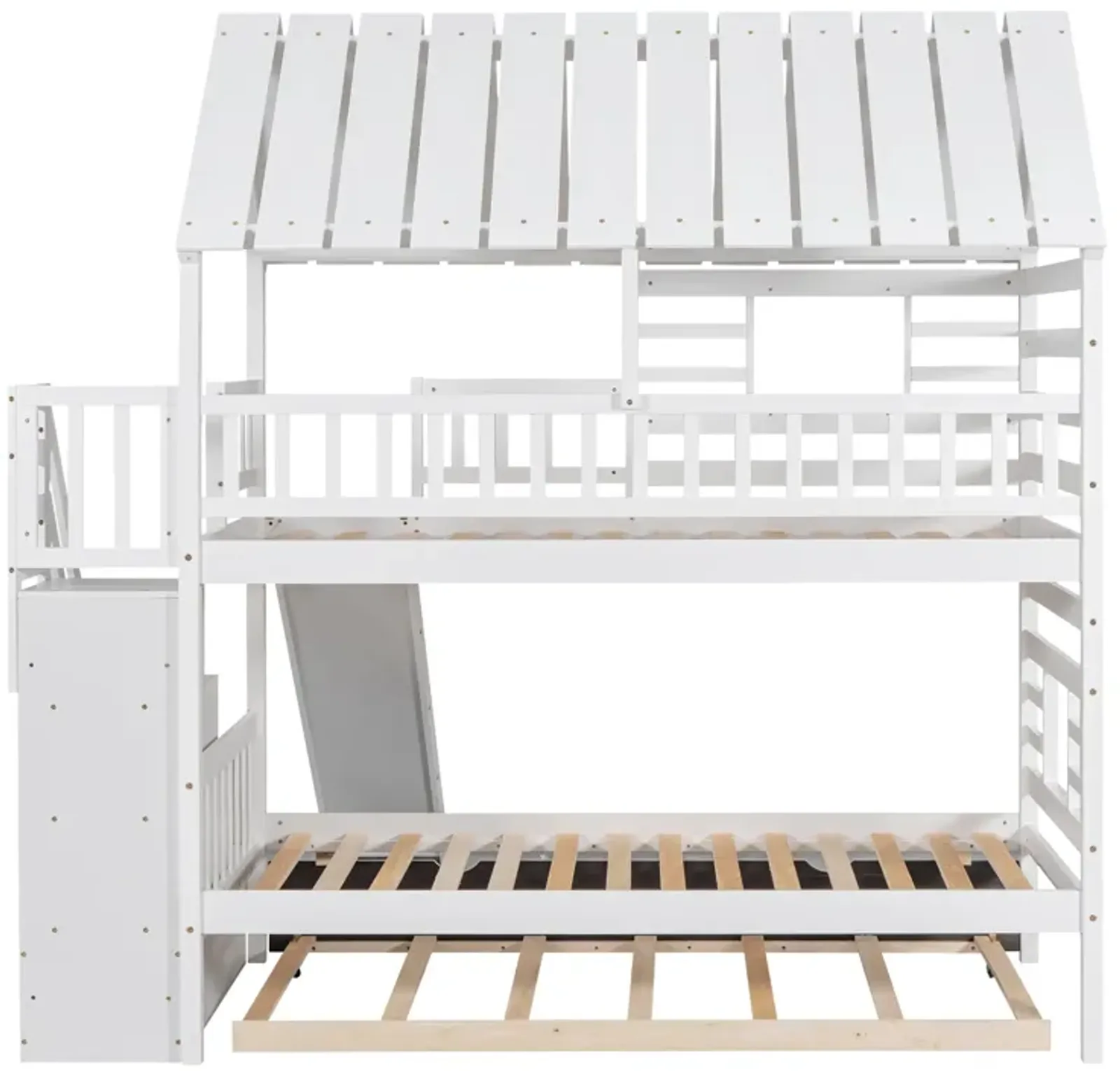 Twin Over Twin House Bunk Bed With Trundle And Slide, Storage Staircase, Roof And Window Design