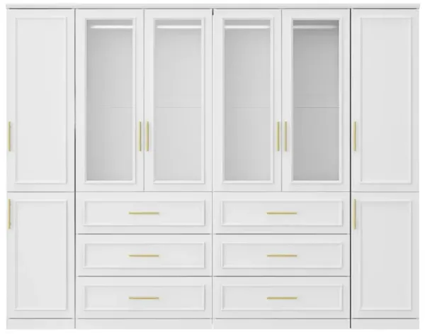FUFU&GAGA Armoire with Glass Doors, 6 Drawers, Hanging Area, Anti-Tip Design – Large Capacity Storage Solution, Elegant Gold Handles, Perfect for Bedroom or Living Room, (94.8" L x 19.3" W x 74.8" H),White