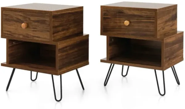 Hivvago Set of 2 Irregular 2-Tier Wooden Nightstands with Elevated Metal Feet